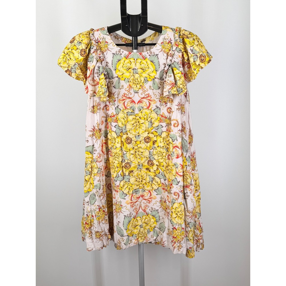 Free People Yellow Floral Ruffle Flutter Sleeve Mini Dress Small